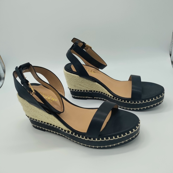 KAYLEEN By Los Angeles Black and Tan Wedge Sandals - Picture 2 of 4